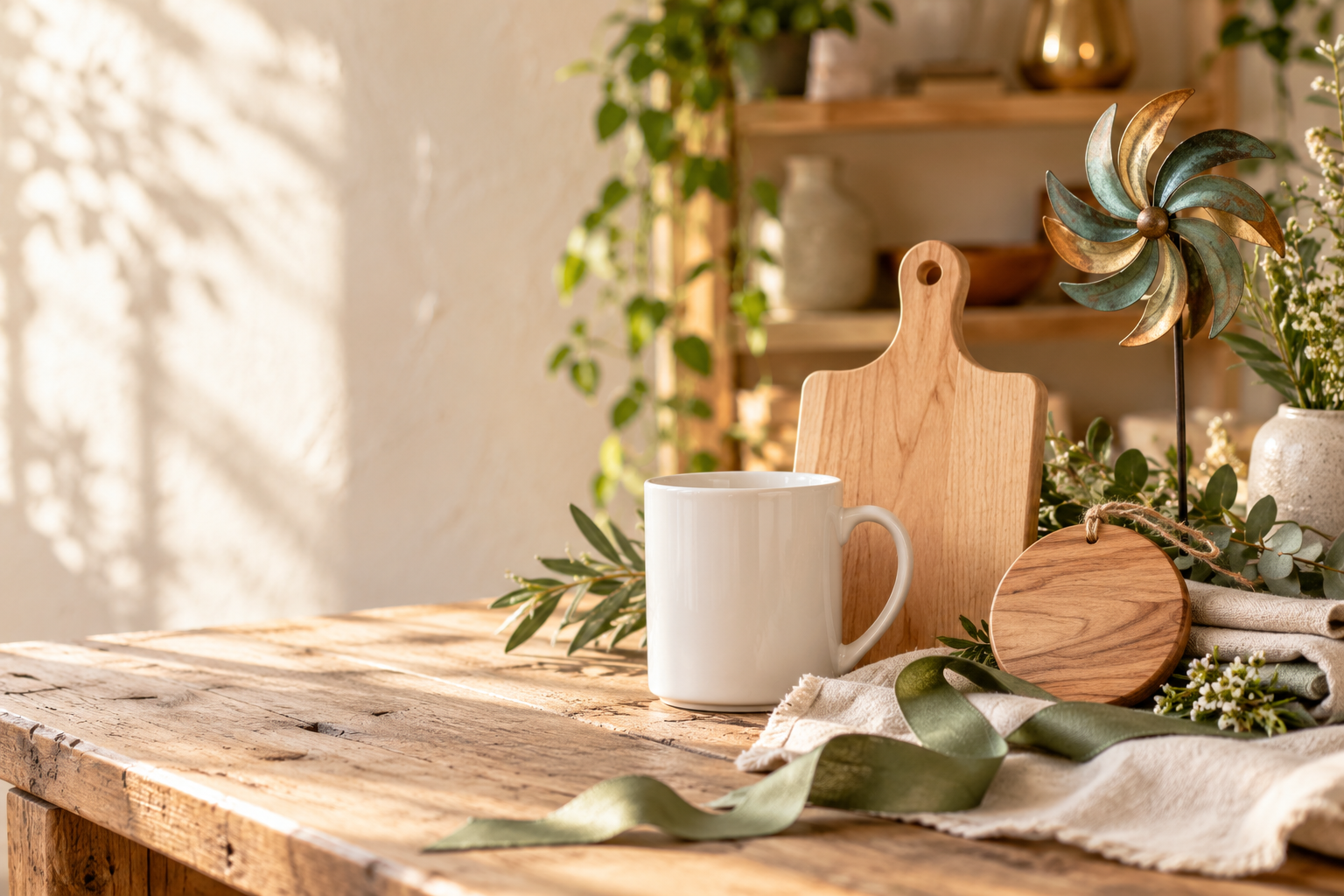 A warm staged gift scene with a plain mug, wood board, ornament, wind spinner, linen, and greenery